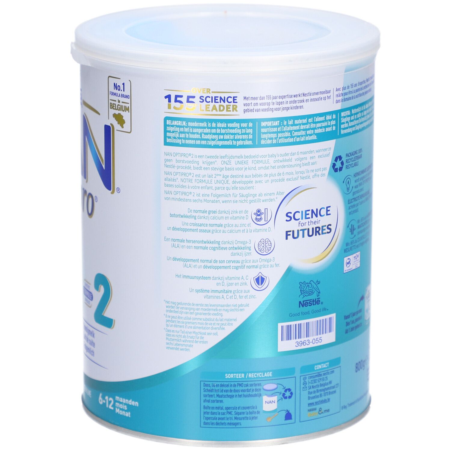 Achterkant van de Nestlé NAN OptiPro 2-verpakking. Bevat voedingsinformatie en ingrediëntenlijsten.
