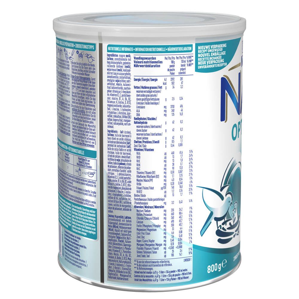 Achterkant van de Nestlé NAN OptiPro 2-verpakking. Bevat voedingsinformatie en ingrediëntenlijsten.