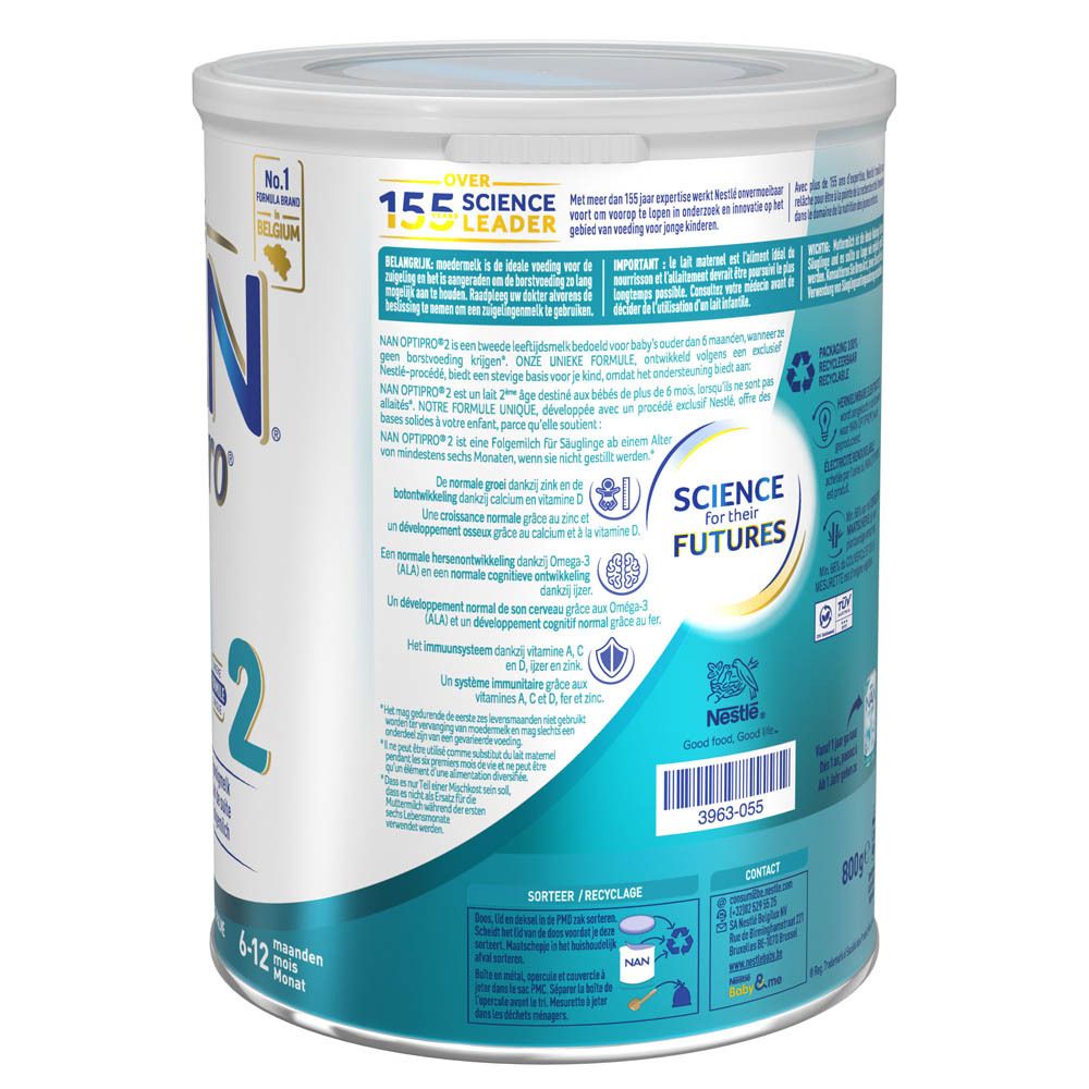 Achterkant van de Nestlé NAN OptiPro 2-verpakking. Bereidingsinstructies en recyclinginformatie.