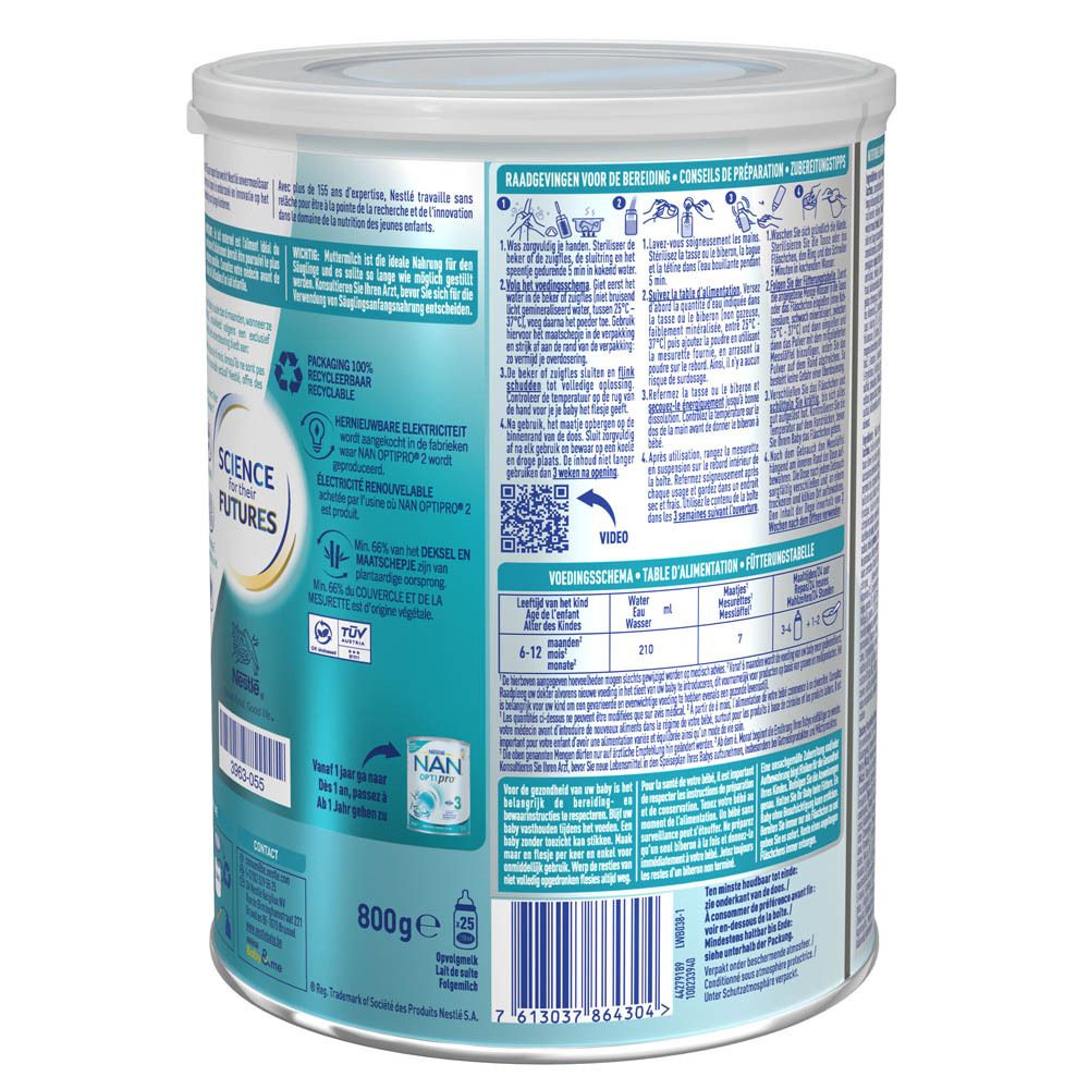 Achterkant van de Nestlé NAN OptiPro 2-verpakking. Bereidingsinstructies en recyclinginformatie.