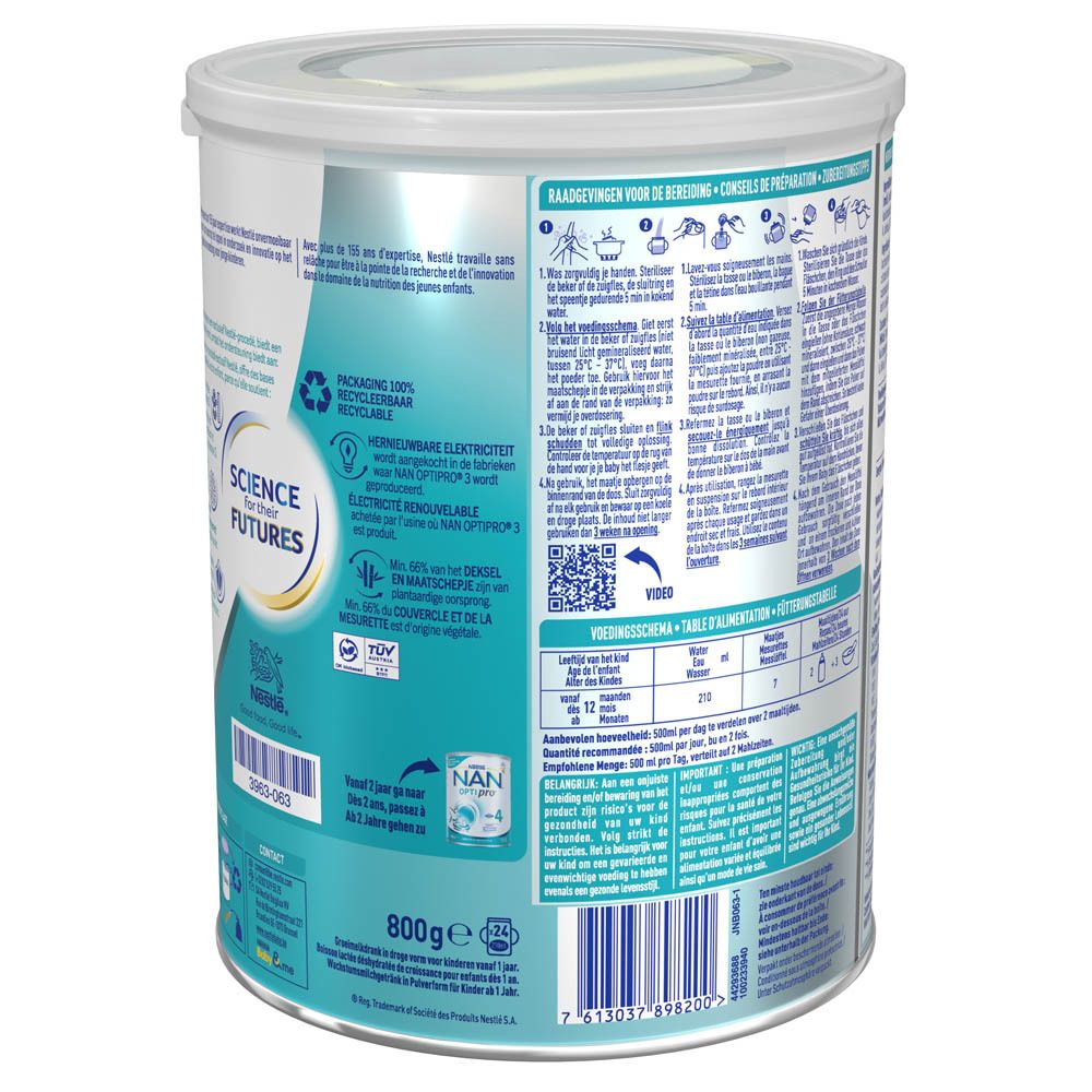 Achterkant van de NAN OptiPro 3-verpakking. Info, QR-code en recyclinginstructies. 800g.