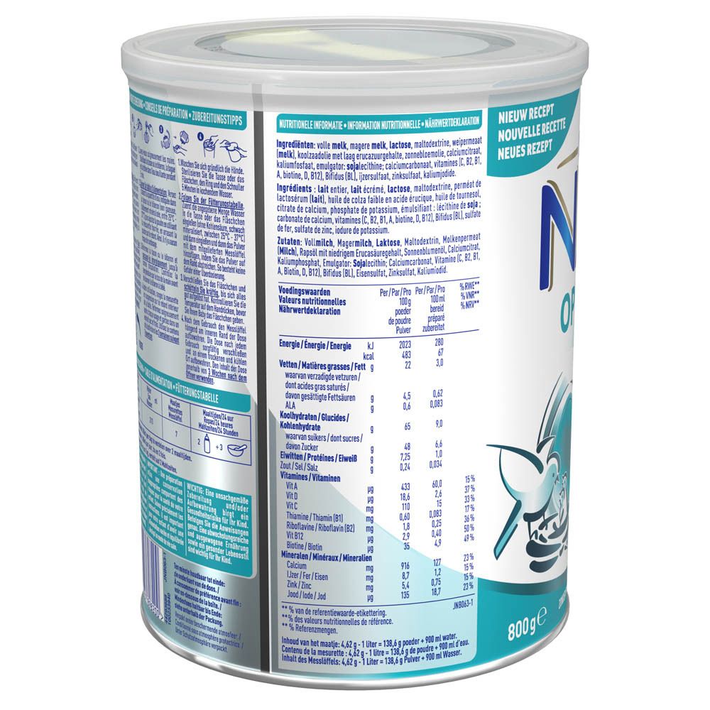 Achterkant van de NAN OptiPro 3-verpakking. Voedingswaarden en ingrediëntenlijst. 800g.