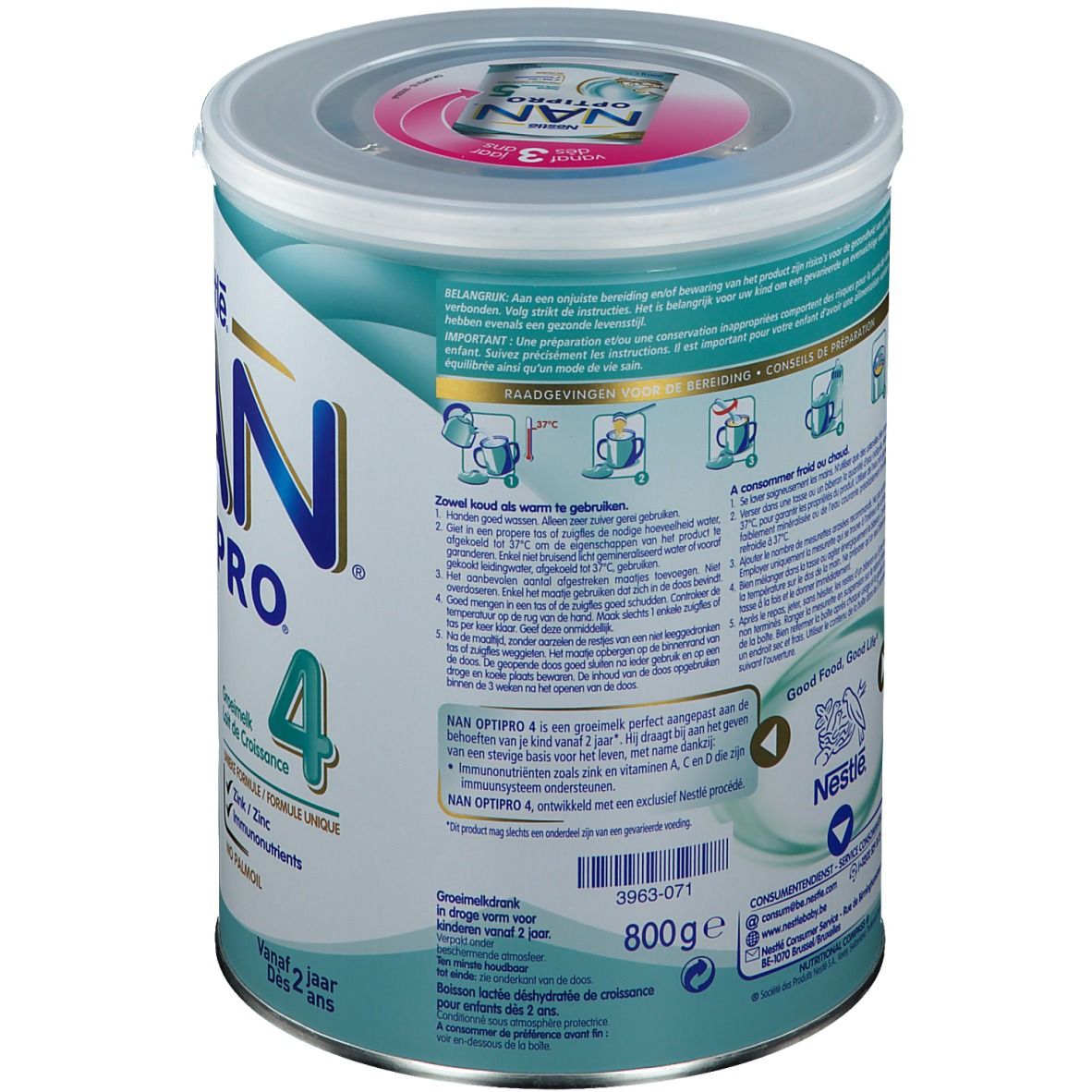 Blik Nestlé NAN OPTIPRO 4. Achterkant met informatie. Groeimelk voor kinderen vanaf 2 jaar. 800g.