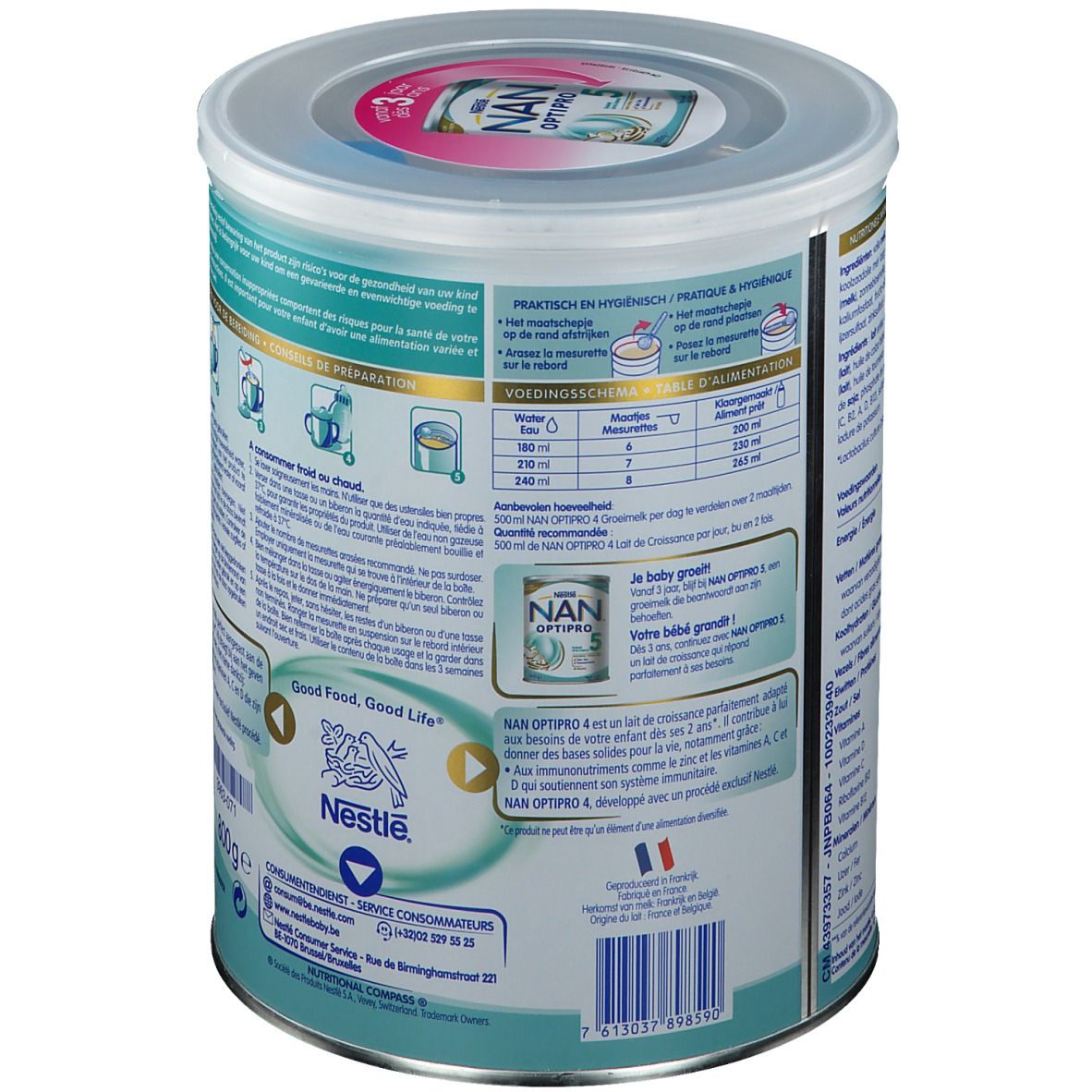 Blik Nestlé NAN OPTIPRO 4. Achterkant met bereidingsinstructies. Groeimelk. 800g.