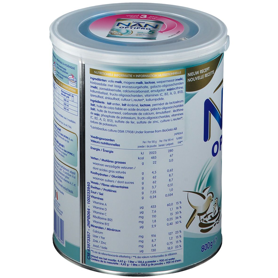 Blik Nestlé NAN OPTIPRO 4. Achterkant met ingrediënten en voedingswaarden. Groeimelk. 800g.