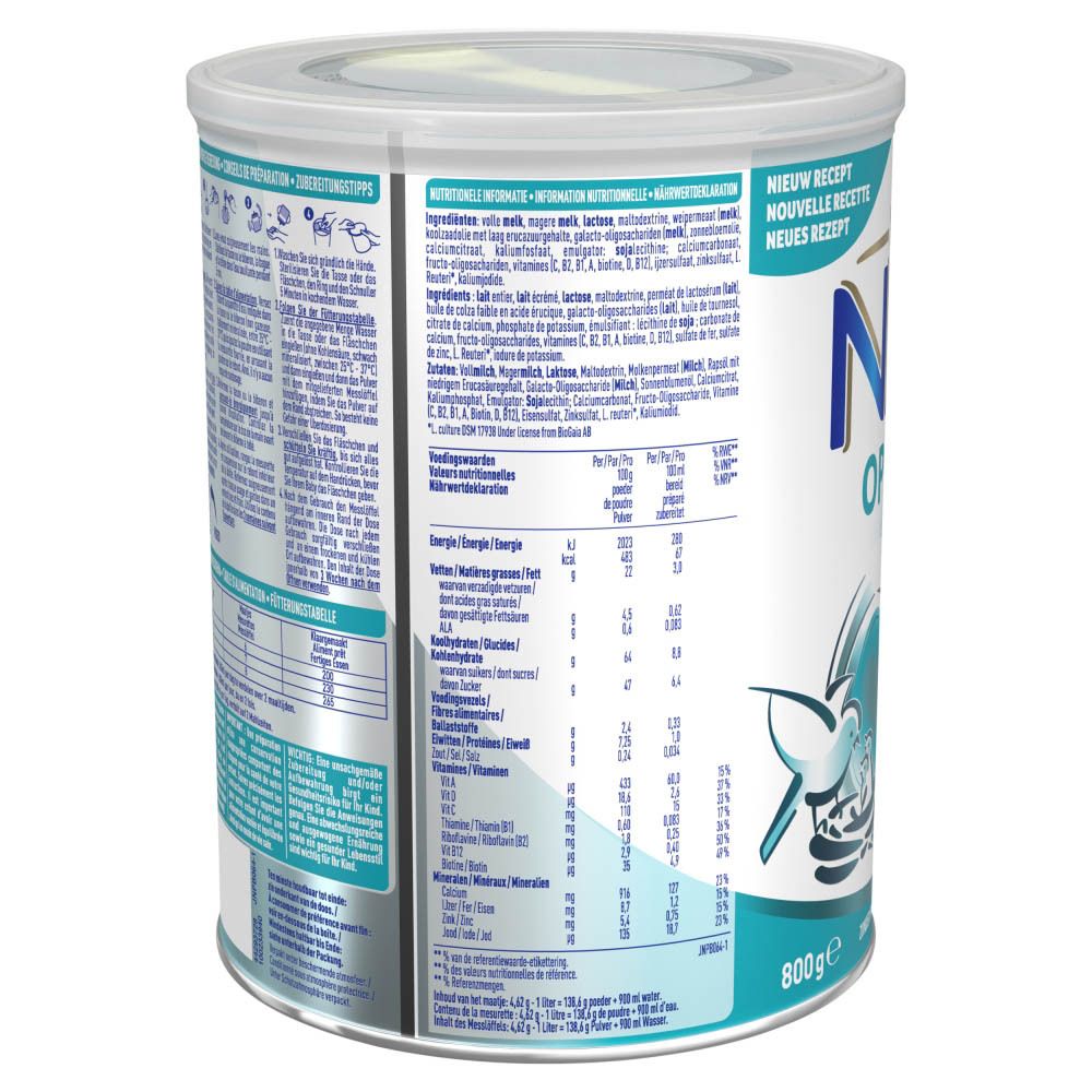 Blik Nestlé NAN OPTIPRO 4. Achterkant met ingrediënten en voedingswaarden. Groeimelk. 800g.