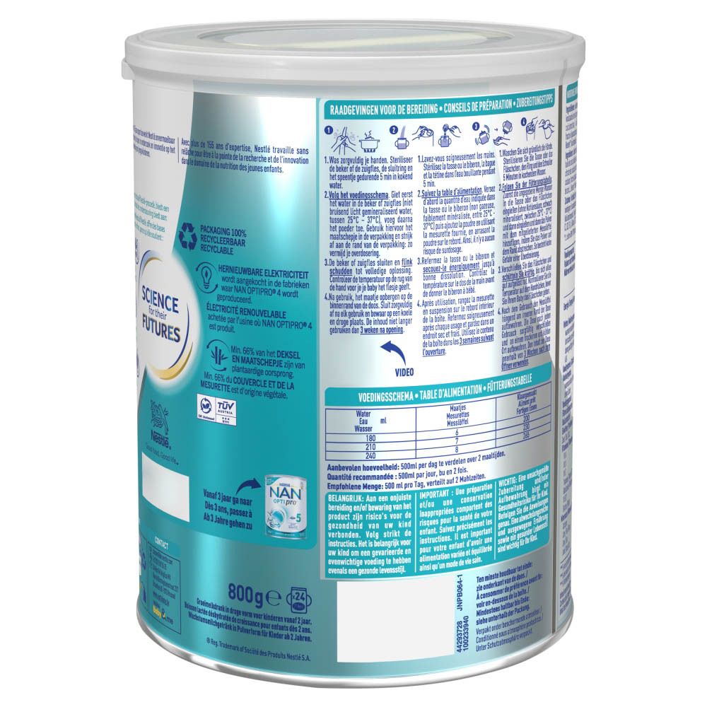 Blik Nestlé NAN OPTIPRO 4. Achterkant met bereidingsinstructies. Groeimelk. 800g.