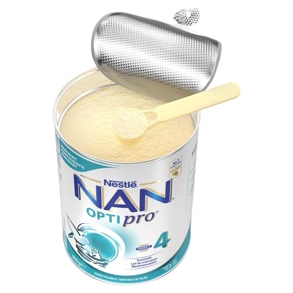 Open blik Nestlé NAN OPTIPRO 4. Groeimelk. Met maatschep. 800g.