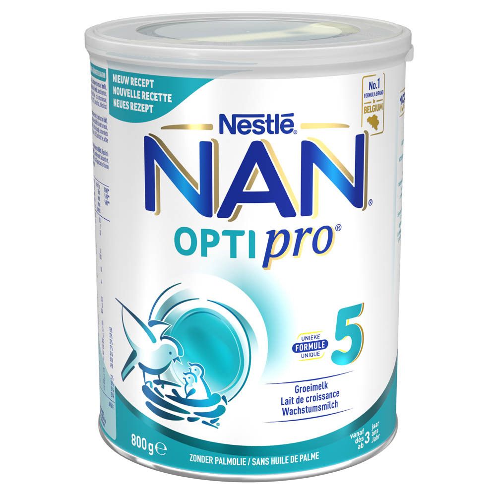 Nestlé NAN Optipro 5 blik, vooraanzicht. Voornamelijk blauw en wit. Tekst: NAN OPTIpro 5, 800g, vanaf 3 jaar.