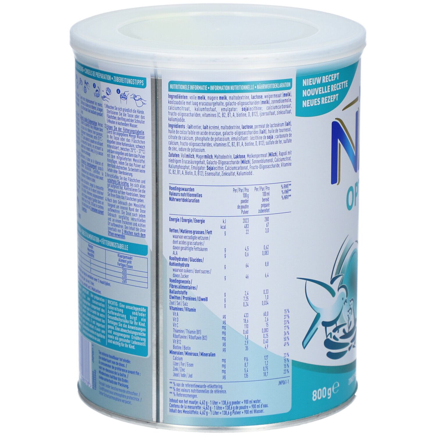 Achterkant van het Nestlé NAN Optipro 5 blik. Bevat voedingsinformatie en ingrediëntenlijsten. Voornamelijk blauw en wit.