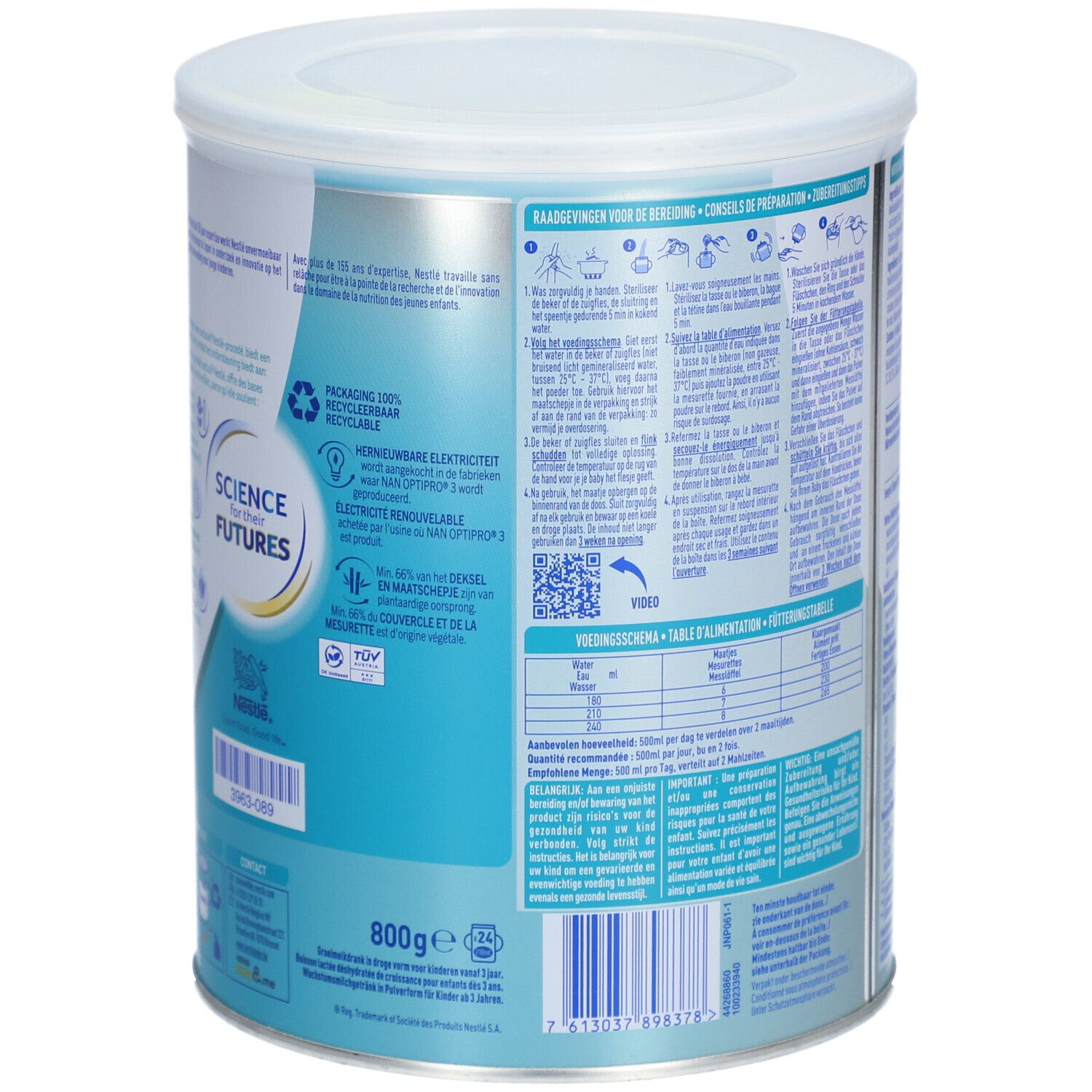 Achterkant van het Nestlé NAN Optipro 5 blik. Bevat instructies en recyclinginformatie. Voornamelijk blauw en wit.