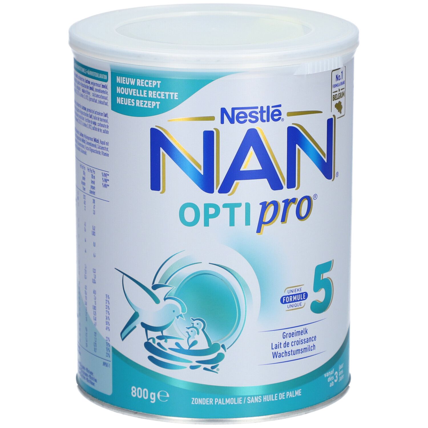 Nestlé NAN Optipro 5 melkpoederblik. Voornamelijk blauw en wit. Tekst: NAN OPTIpro 5, 800g, vanaf 3 jaar.