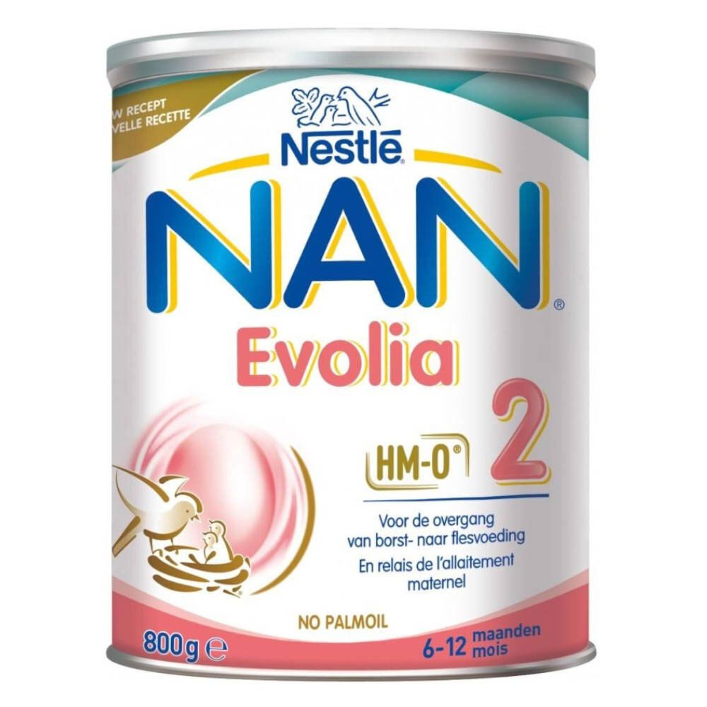 Blik Nestlé NAN Evolia 2. Roze en wit ontwerp. Opschrift NAN Evolia 2, HM-O, 6-12 maanden. 800g.