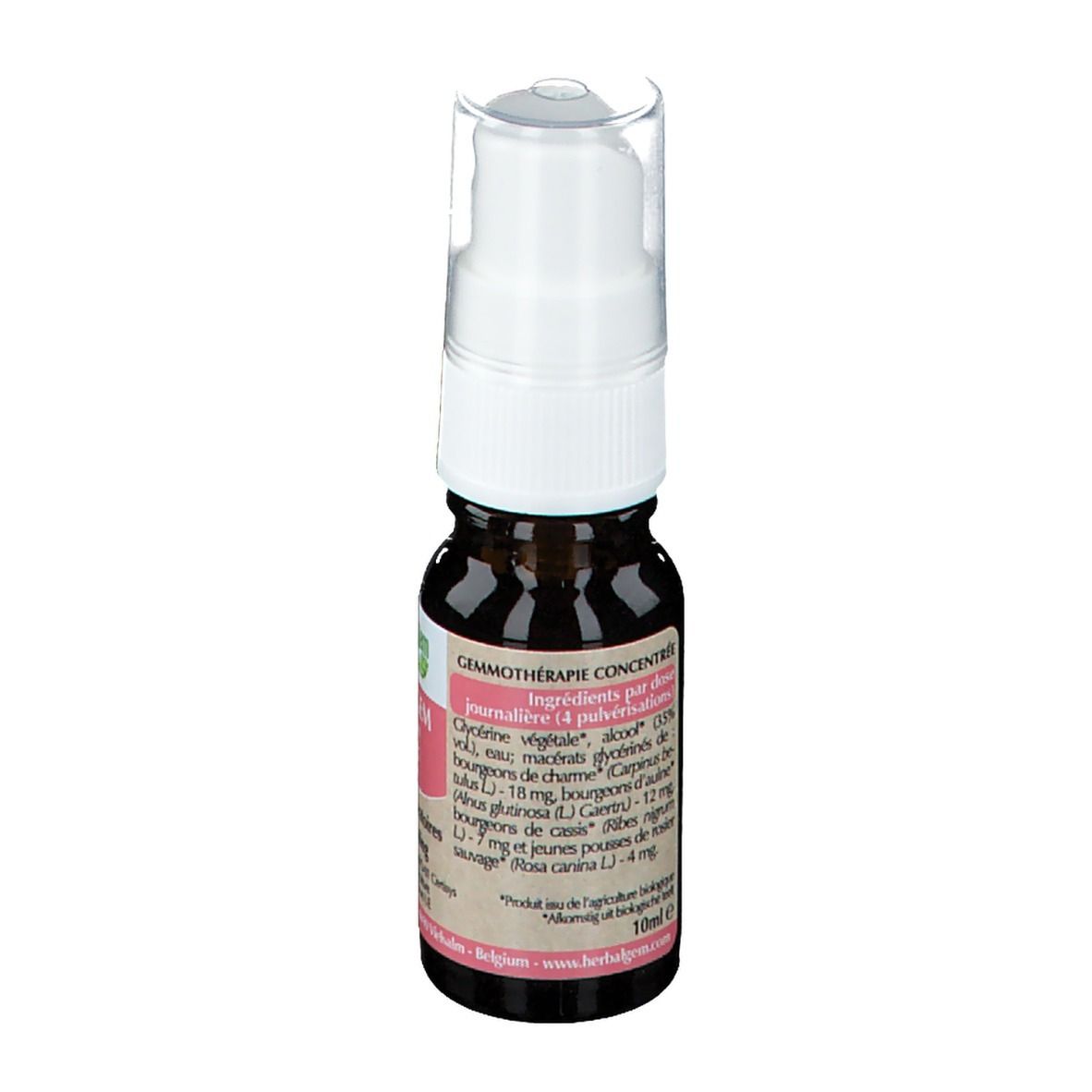 Bruine glazen fles met witte spraykop. Etiket met ingrediënten en informatie. 10 ml.
