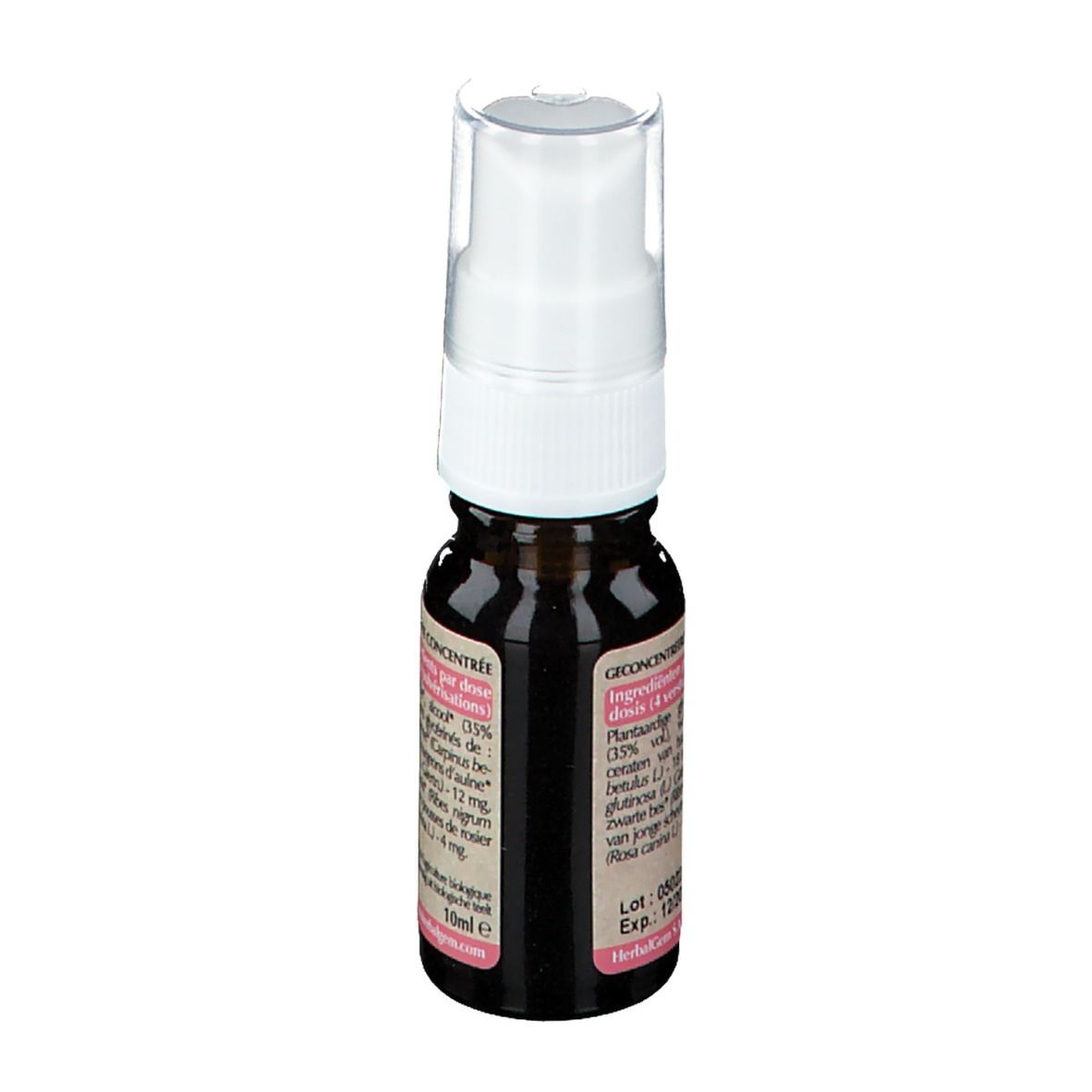 Bruine glazen fles met witte spraykop. Etiket met ingrediënten en informatie. 10 ml.