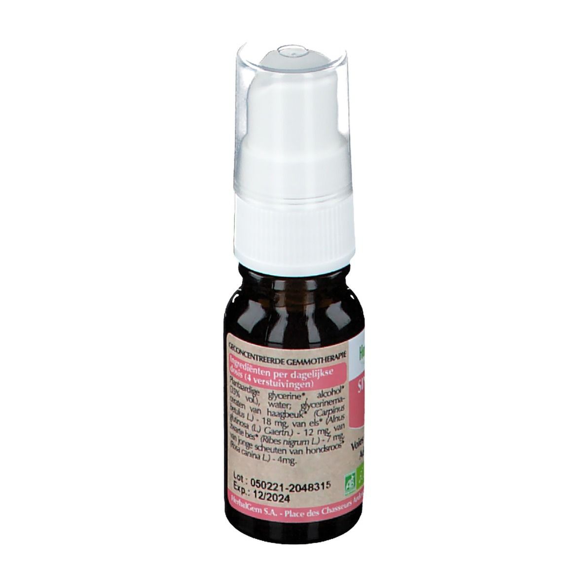 Bruine glazen fles met witte spraykop. Etiket met ingrediënten en informatie. 10 ml.