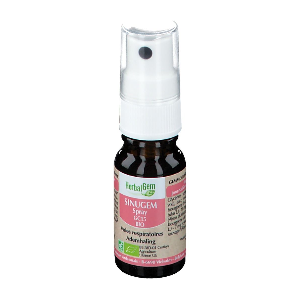 Bruine glazen fles met witte spraykop. Opschrift: SINUGEM Spray GC15 BIO. Voor de luchtwegen.