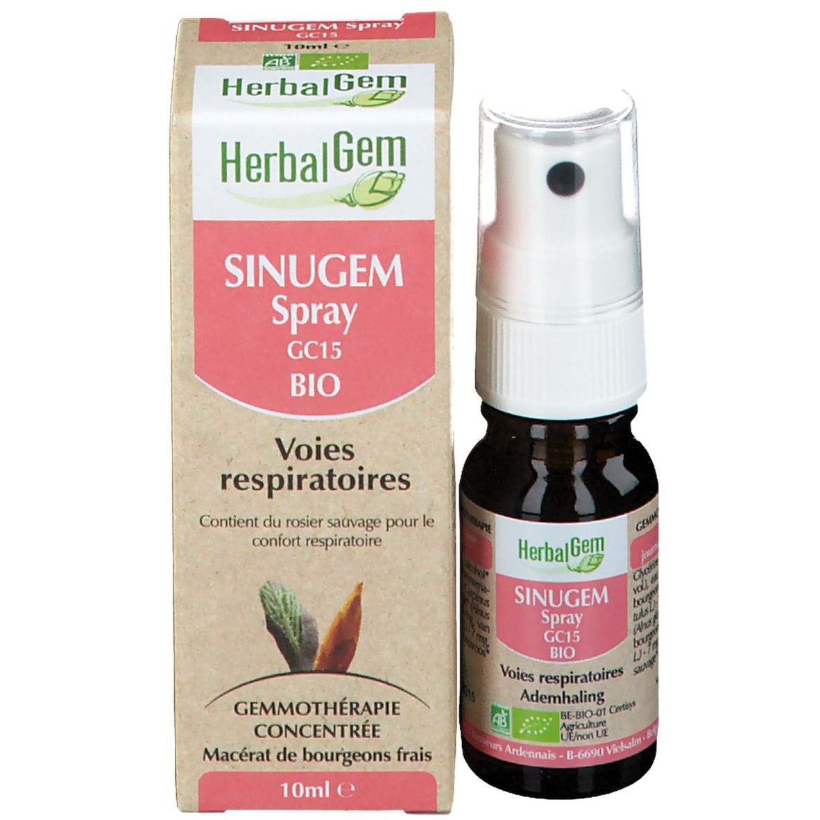 Productverpakking met fles en doos. Opschrift: HerbalGem SINUGEM Spray GC15 BIO. 10ml.