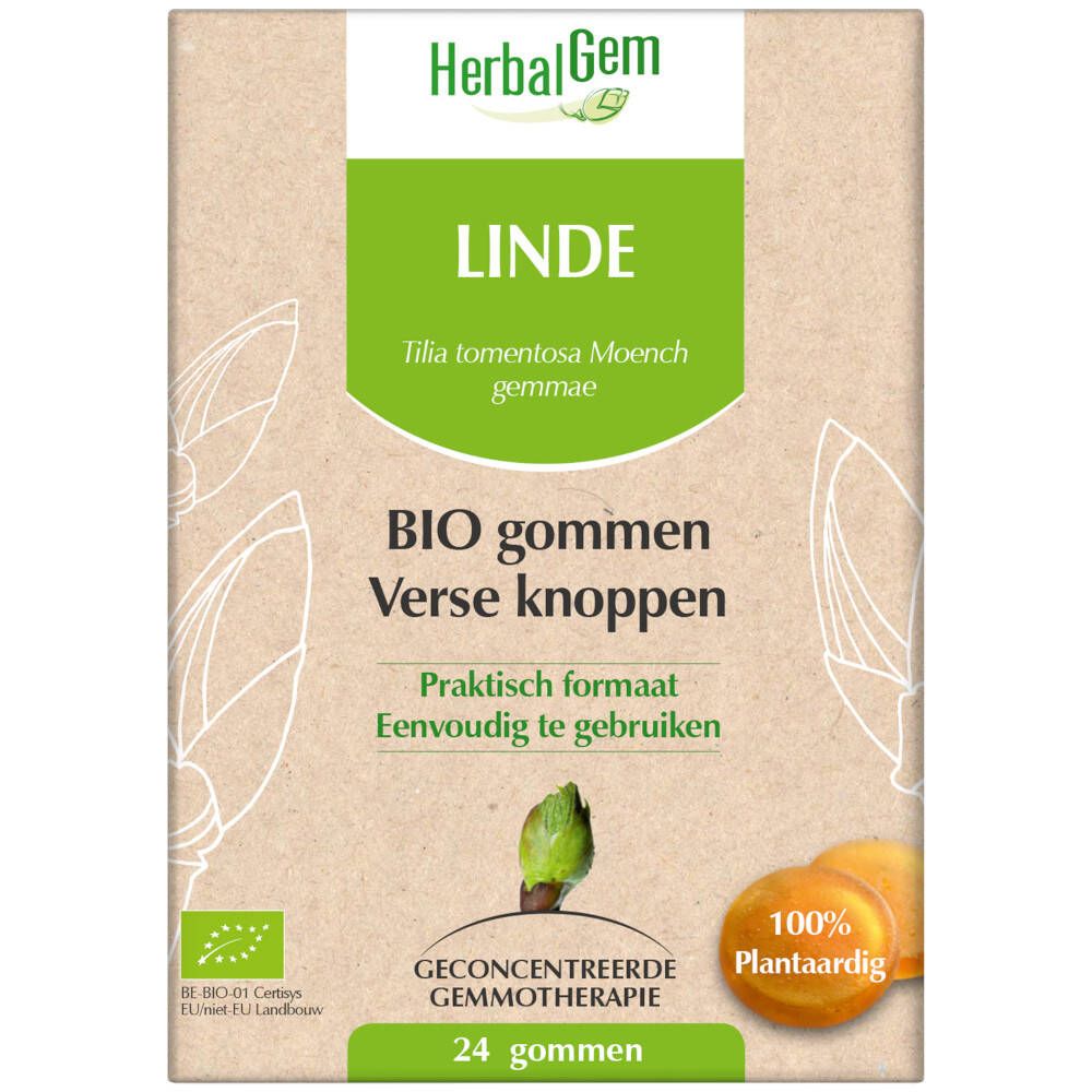 Boîte de gommes BIO HerbalGem Linde. Contient 24 gommes. Label bio et 100% végétal.