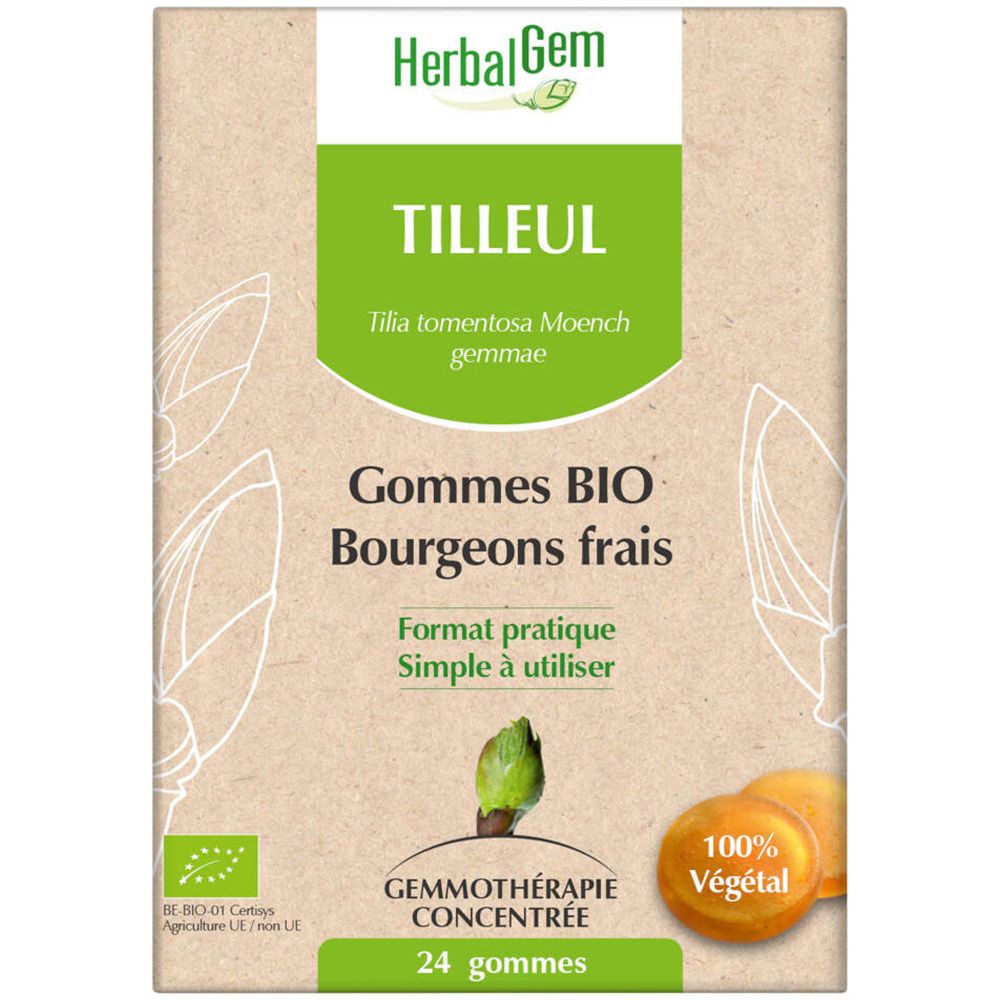 Boîte de gommes BIO HerbalGem Tilleul. Contient 24 gommes. Label bio et 100% végétal.