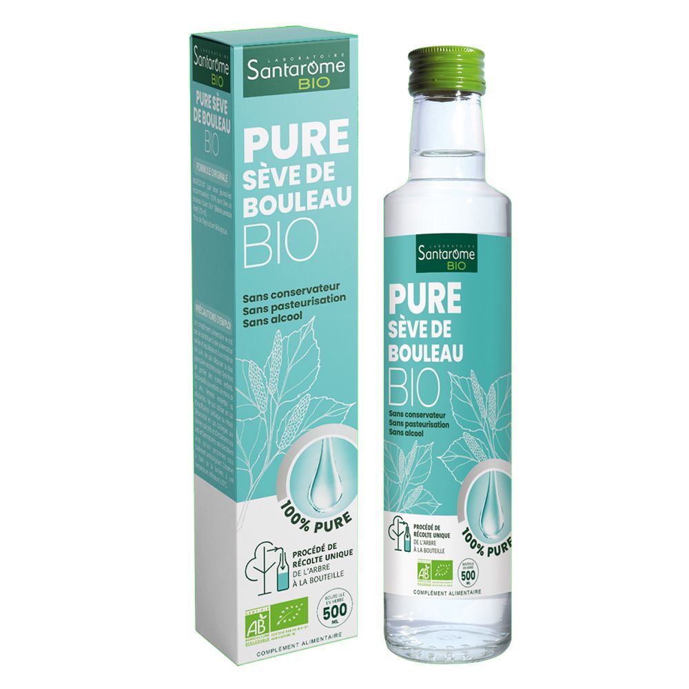 Bouteille et boîte de Santarome Bio Sève de Bouleau. Design vert et blanc, label AB, 500 ml.