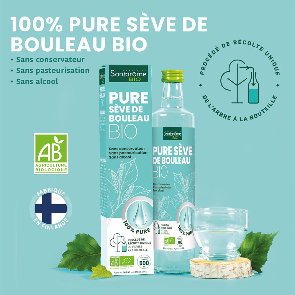 Santarome Bio Sève de Bouleau, bouteille et boîte. Label AB, origine Finlande, 100% pure.