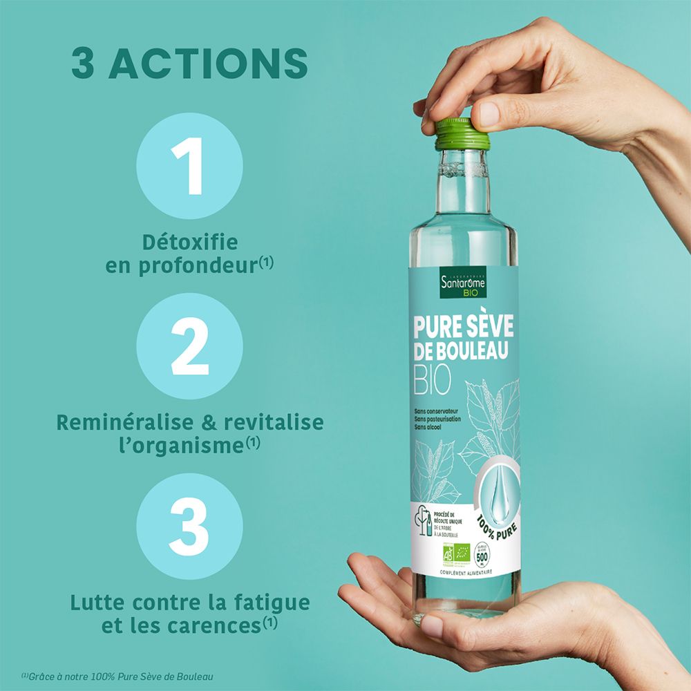 Main tenant une bouteille de Santarome Bio Sève de Bouleau. 3 actions: détox, reminéralisation, fatigue.