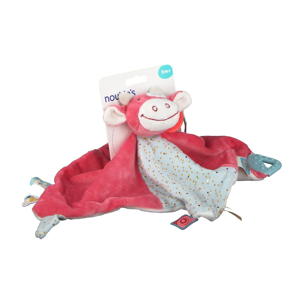 Doudou rose avec motif singe. Accents bleus et dorés. Étiquette avec logo et indication d'âge.