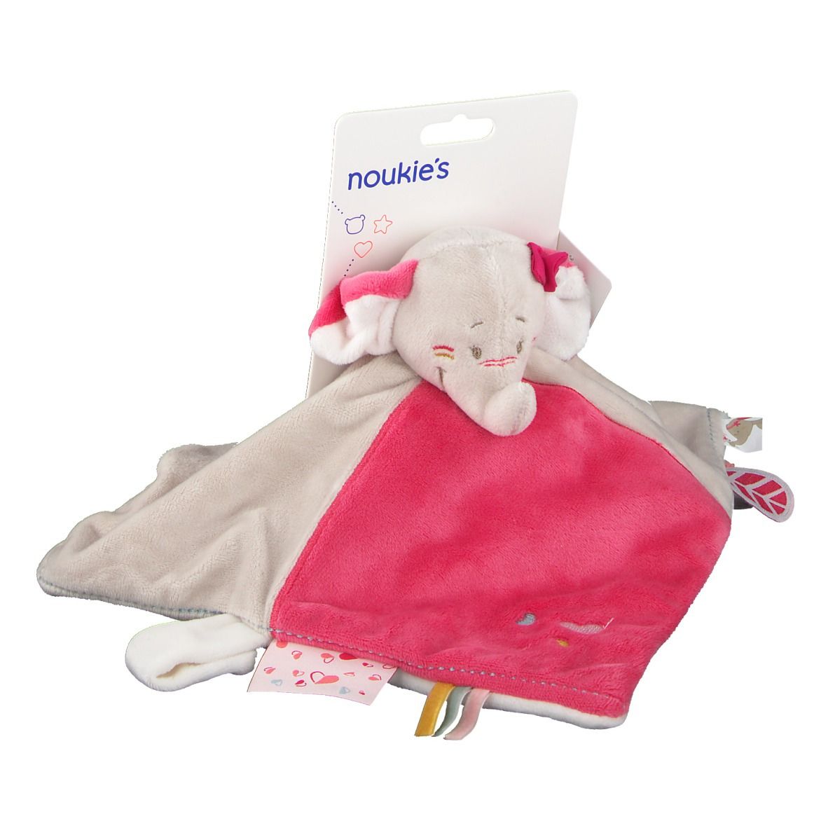 Kuscheltuch mit Elefantenkopf und rosa Akzenten. Mit Etikett. Marke: Noukie's.