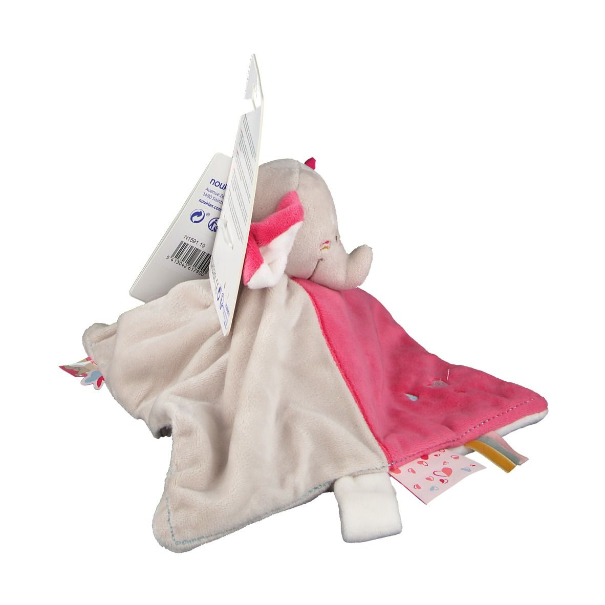 Kuscheltuch, Rückansicht, mit Elefantenkopf und rosa Akzenten. Mit Etikett.