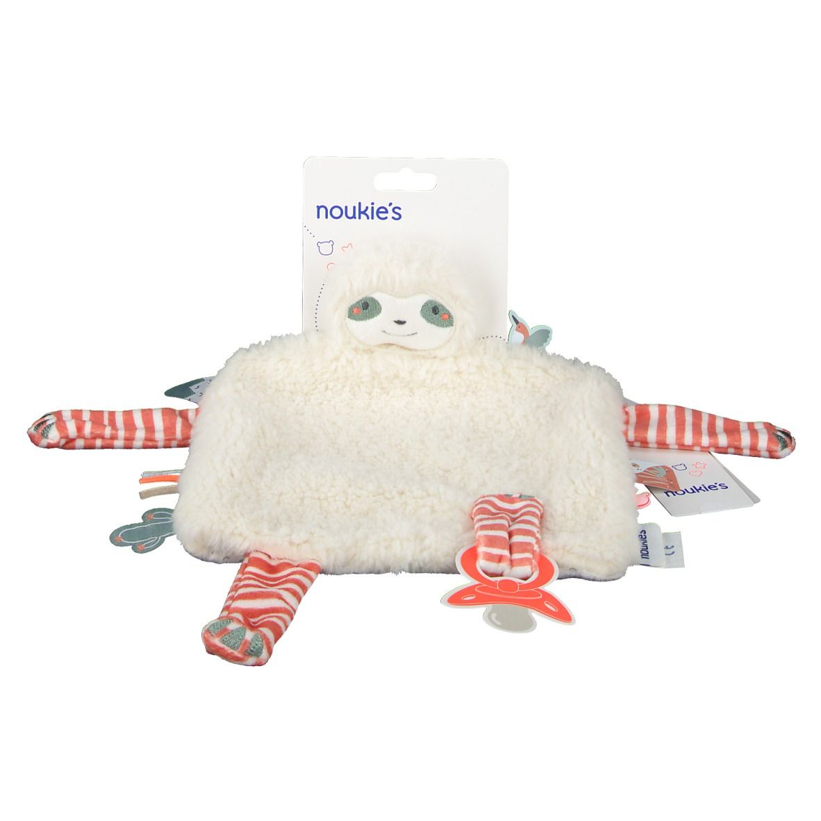 Doudou avec visage de paresseux, avec emballage. Fourrure blanche, rayures rouges sur les bras et les jambes, avec étiquettes.