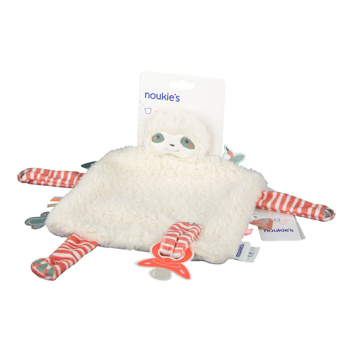 Doudou avec visage de paresseux, avec emballage. Fourrure blanche, rayures rouges sur les bras et les jambes, avec tétine.