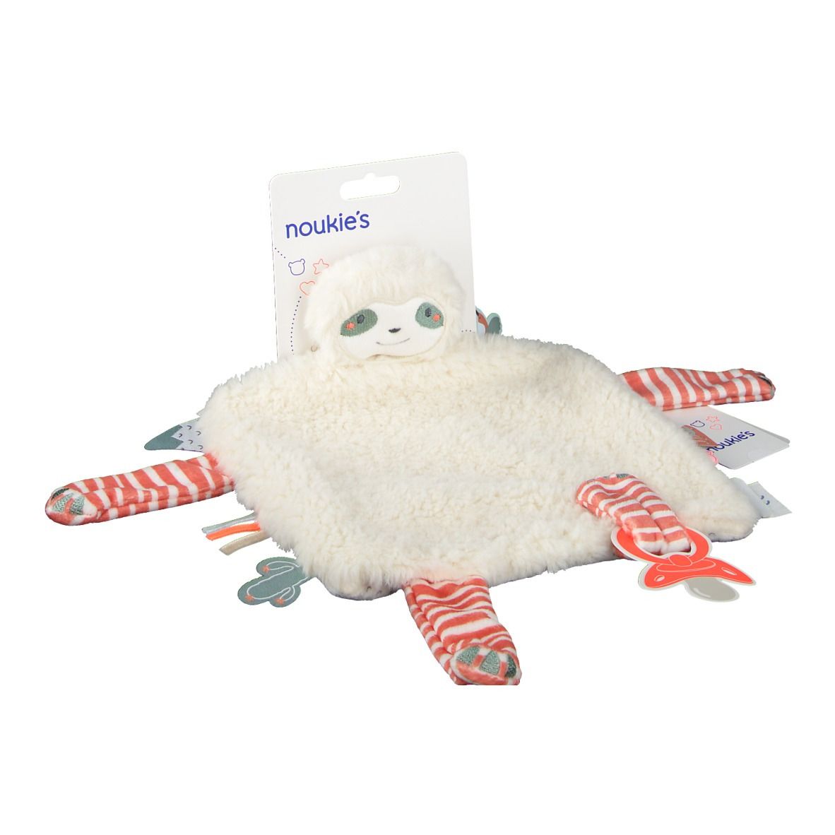 Doudou avec visage de paresseux, avec emballage. Fourrure blanche, rayures rouges sur les bras et les jambes, avec tétine.