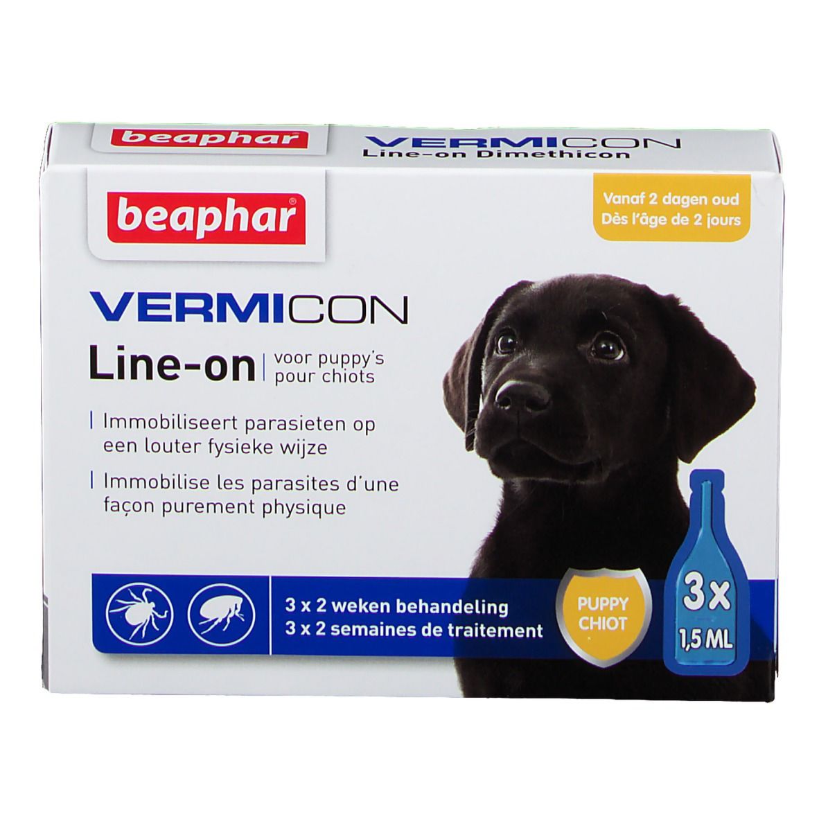 Boîte avec nom du produit et image de chiot. Contient 3 pipettes. Inscription: Line-on pour chiots.