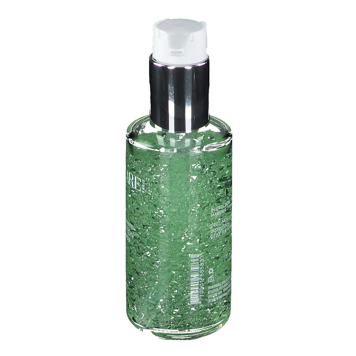 Ronde, transparante fles met groen gel. Achterkant met tekst. Met dispenser.