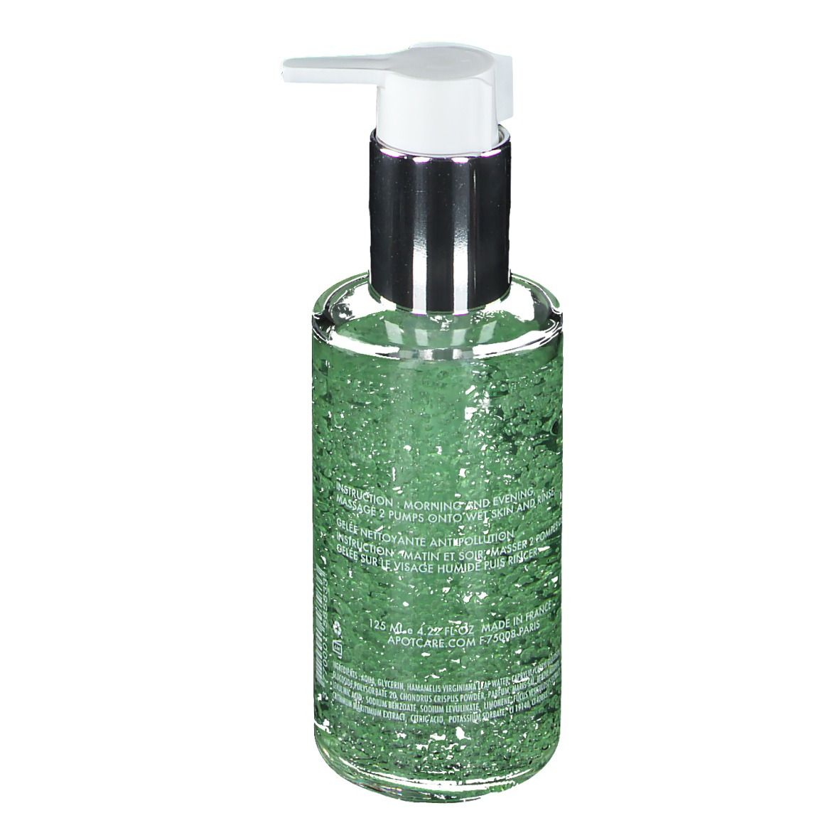 Ronde, transparante fles met groen gel. Achterkant met tekst. Met dispenser.