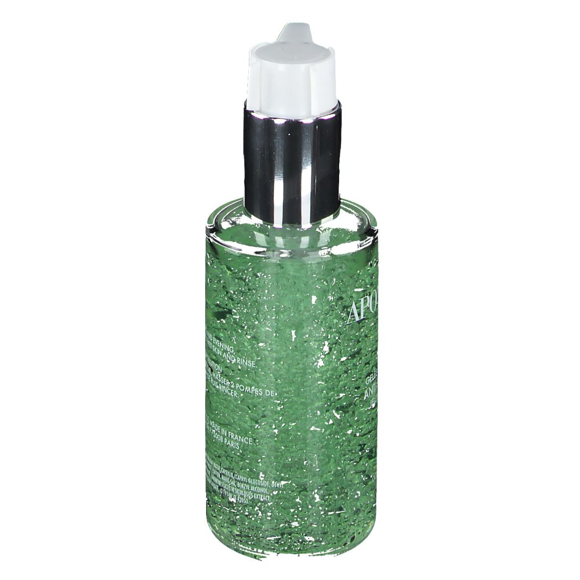 Ronde, transparante fles met groen gel. Achterkant met tekst. Met dispenser.