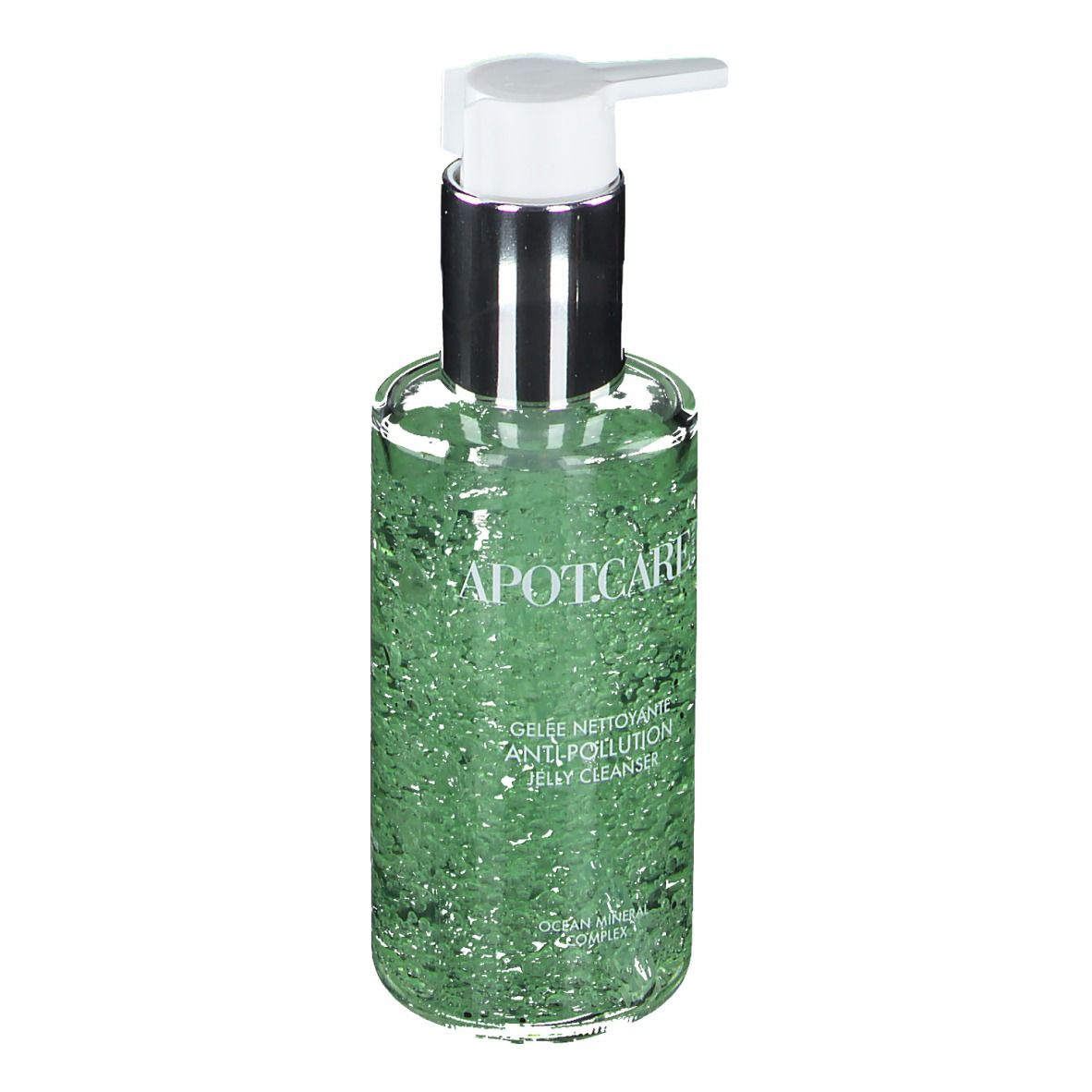 Ronde, transparante fles met groen gel. APOT.CARE-logo en productnaam. Met dispenser.