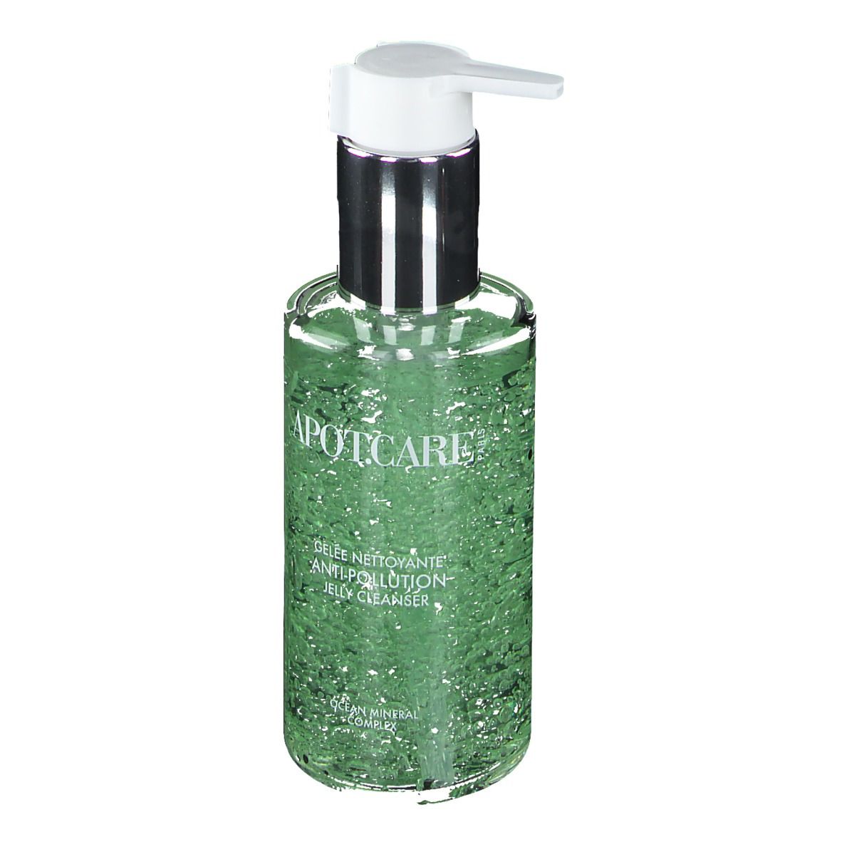Ronde, transparante fles met groen gel. APOT.CARE-logo en productnaam. Met dispenser.