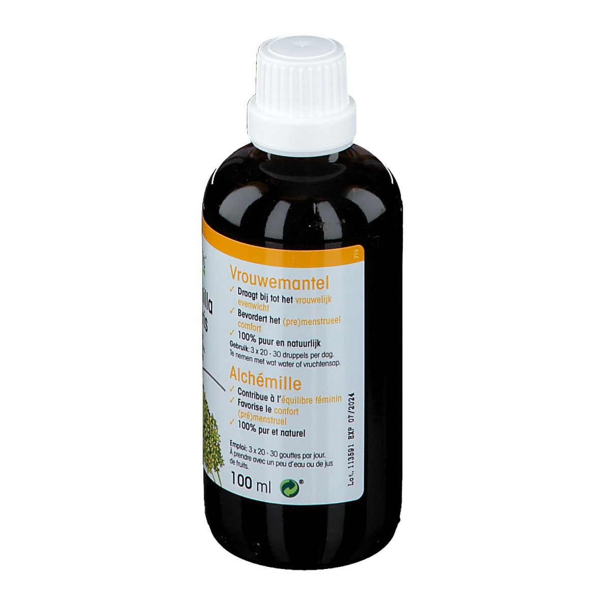 Braune Flüssigkeit in einer Flasche mit weißem Verschluss. Etikett mit Produktnamen, Pflanzenabbildung und Text in Niederländisch.