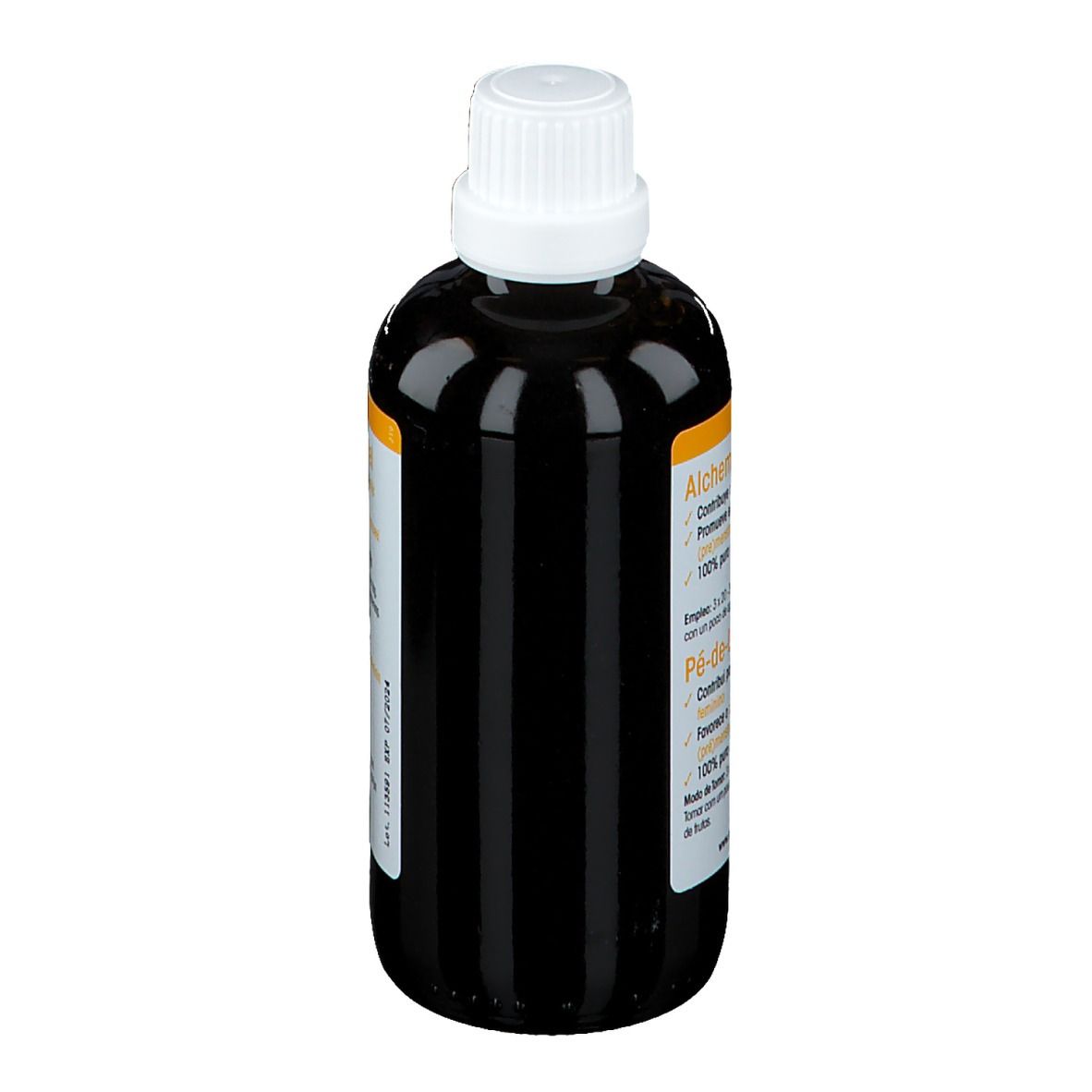 Braune Flüssigkeit in einer Flasche mit weißem Verschluss. Etikett mit Produktnamen und Text in verschiedenen Sprachen.