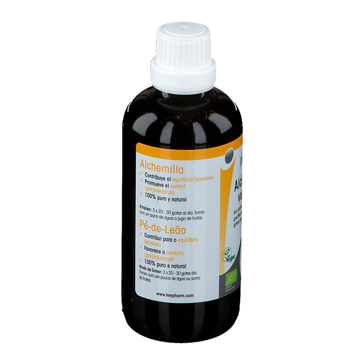 Braune Flüssigkeit in einer Flasche mit weißem Verschluss. Etikett mit Produktnamen und Text in verschiedenen Sprachen.