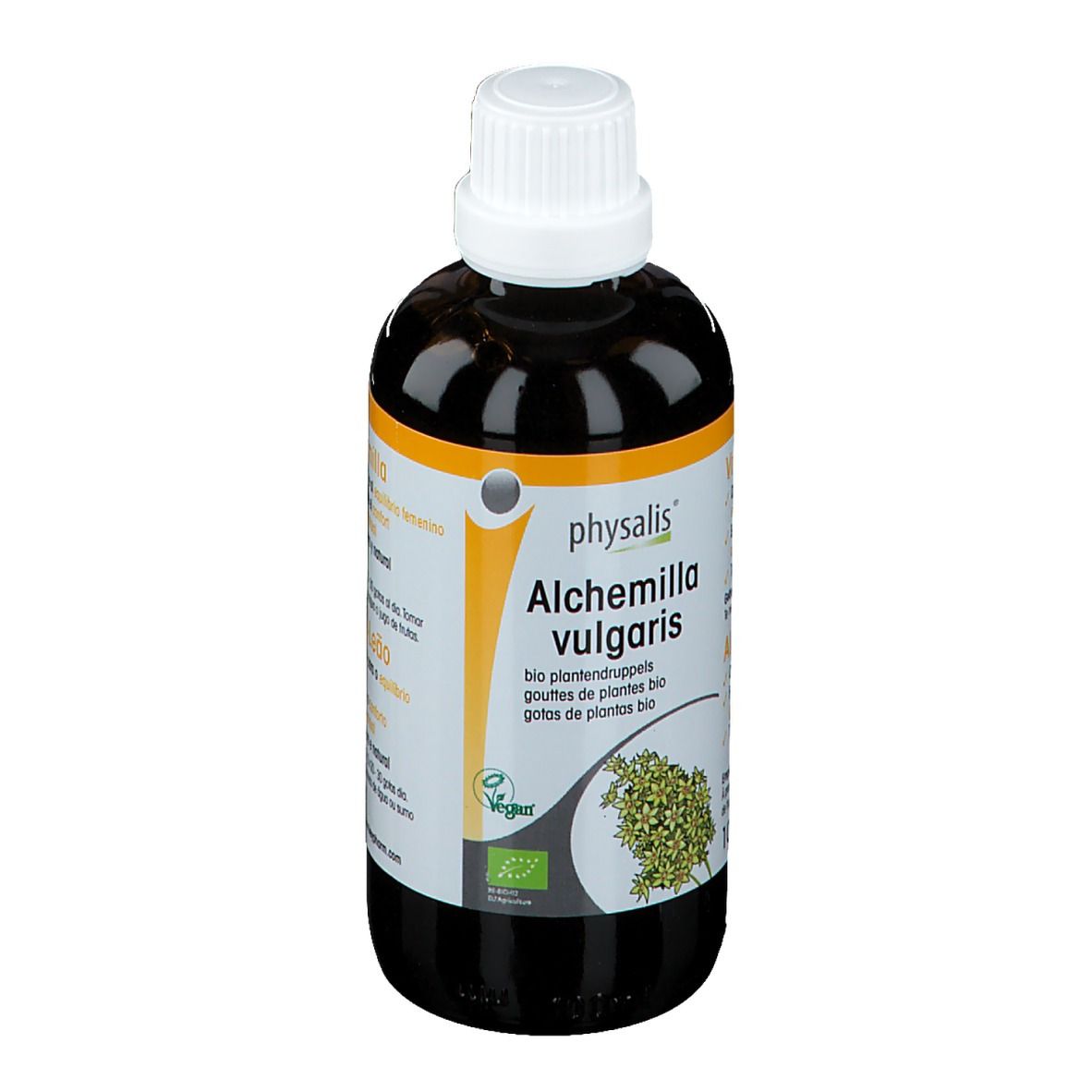 Braune Flüssigkeit in einer Flasche mit weißem Verschluss. Etikett mit Produktnamen, Pflanzenabbildung und Zertifizierungen.