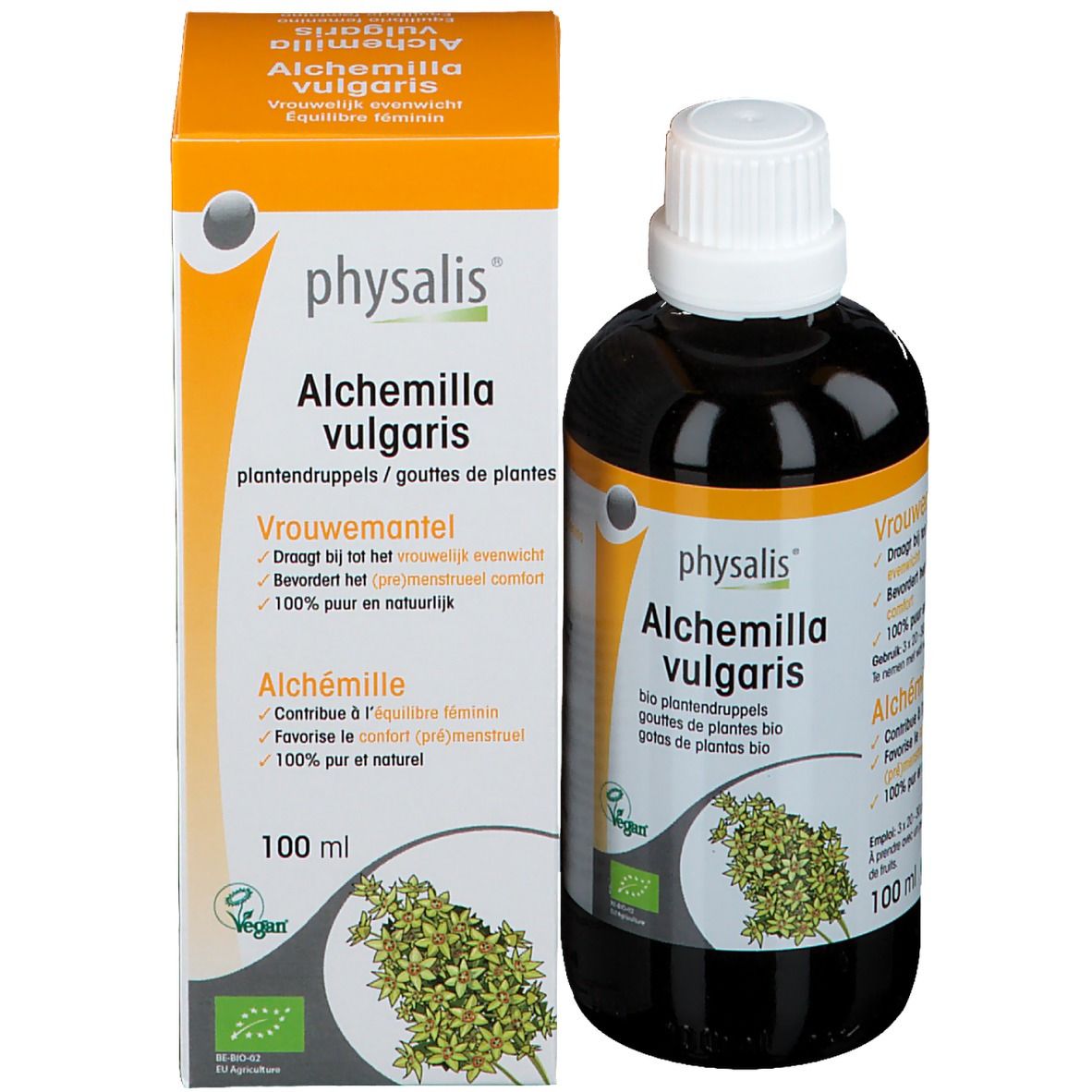 Produktflasche und Verpackung nebeneinander. Verpackung mit Produktnamen, Pflanzenabbildung und Text in Niederländisch.