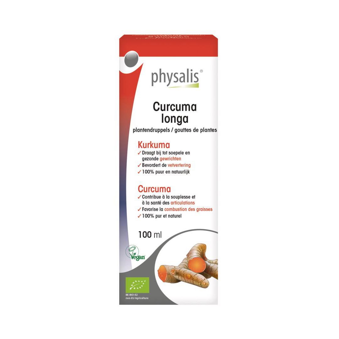 Physalis Curcuma Longa. Verpakking. 100 ml. Vegan-label.