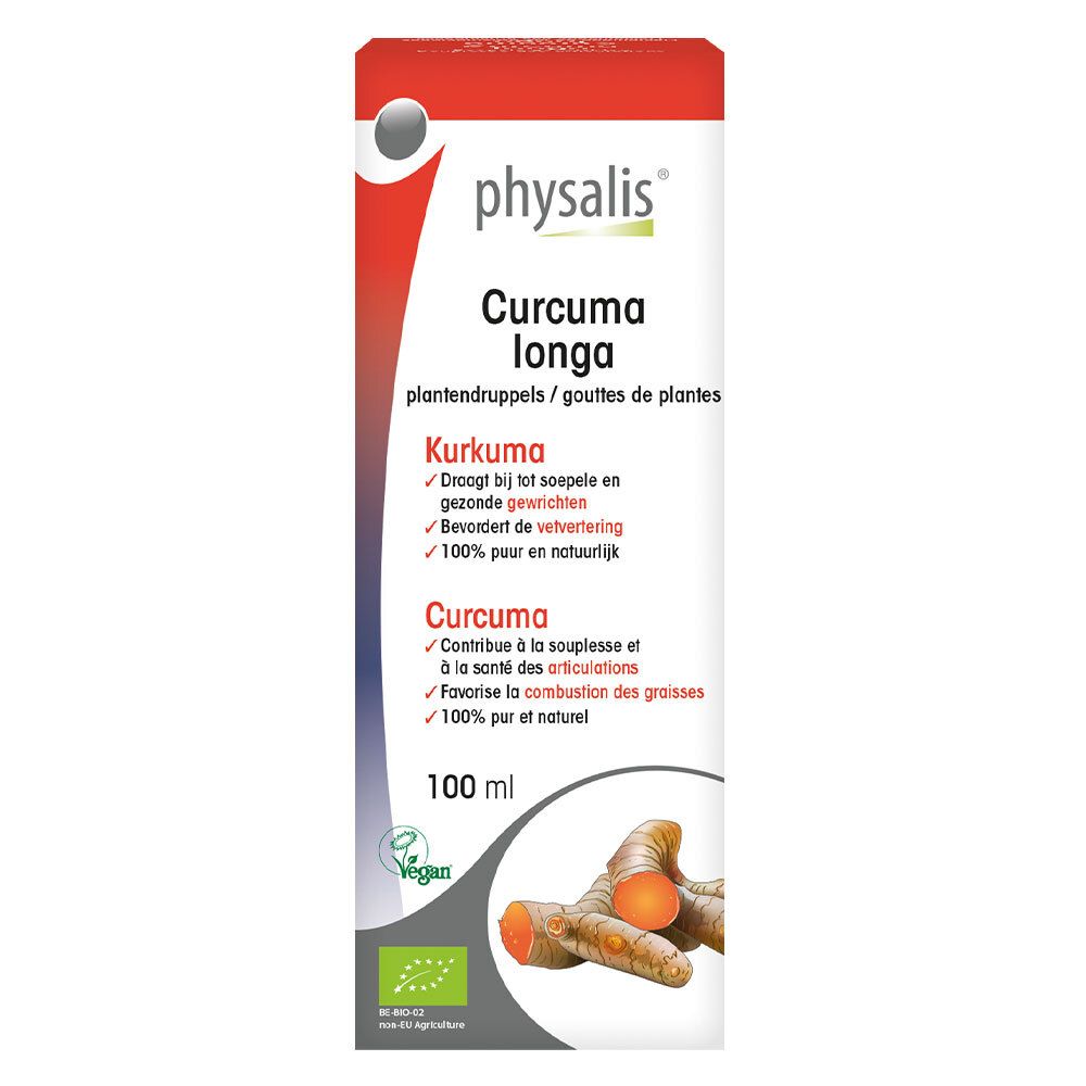 Physalis Curcuma Longa. Fles en verpakking. Vegan-label. 100 ml.