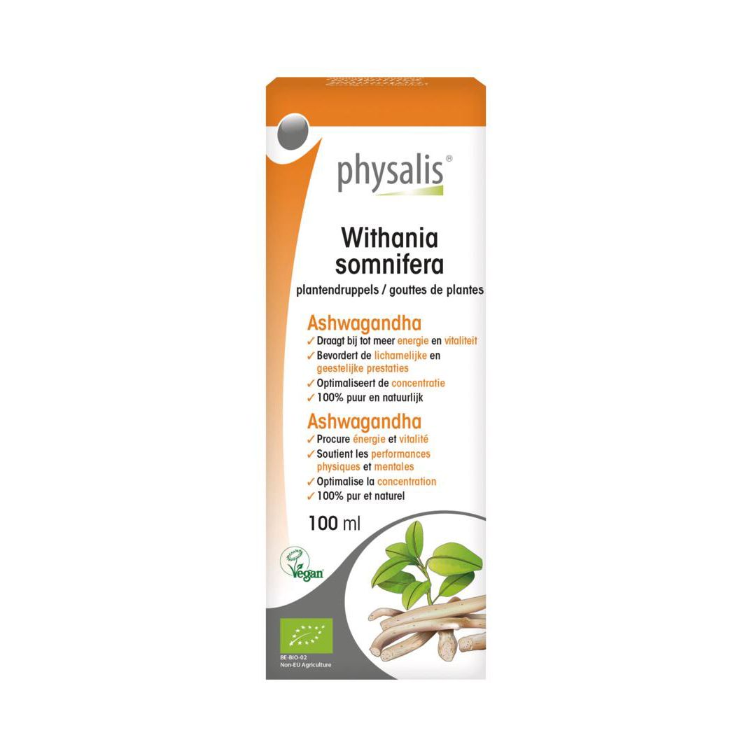 Productverpakking. Opschrift: physalis Withania somnifera. 100 ml. Vegan-zegel. Tekst in het Nederlands.