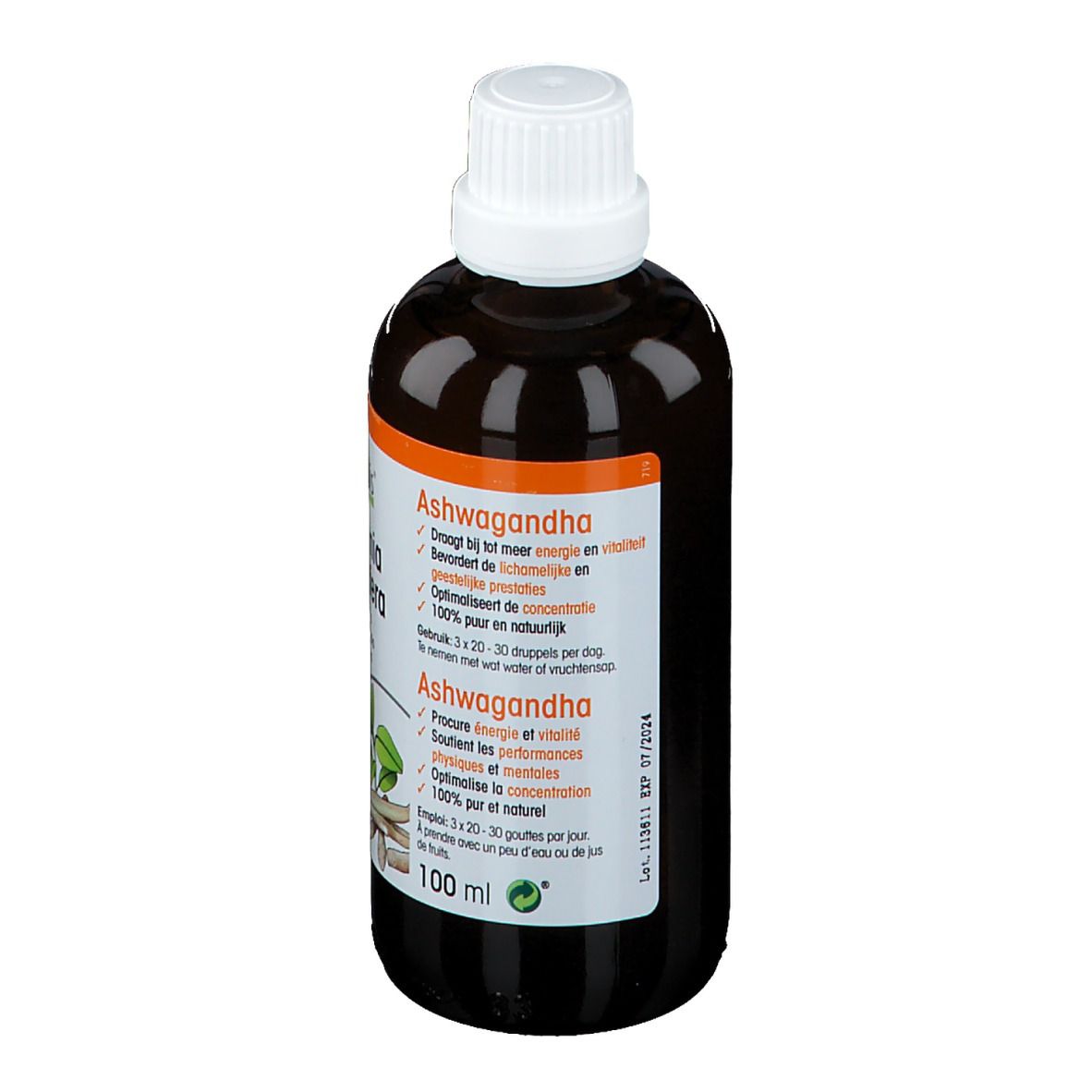 Bruine fles met witte dop. Opschrift: Ashwagandha. Tekst in het Nederlands. 100 ml. Vegan-zegel.