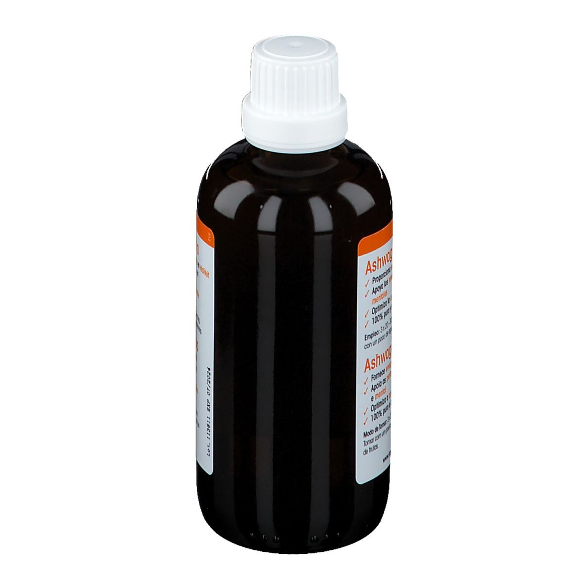 Bruine fles met witte dop. Opschrift: Ashwagandha. Tekst in het Nederlands. 100 ml. Vegan-zegel.