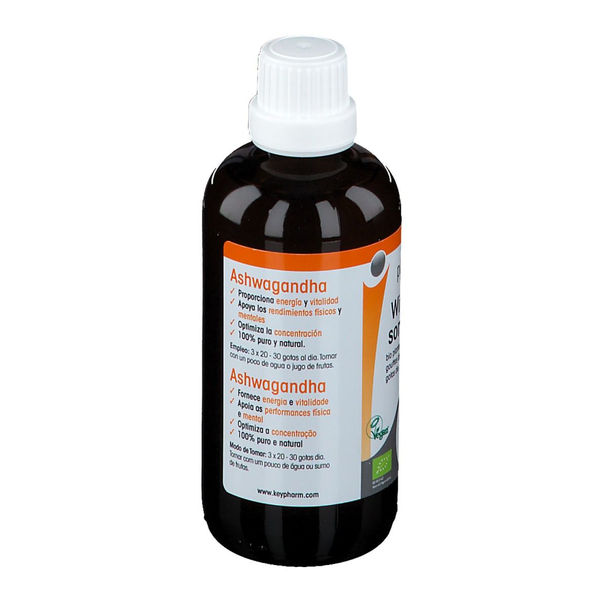 Bruine fles met witte dop. Opschrift: Ashwagandha. Tekst in het Nederlands. 100 ml. Vegan-zegel.